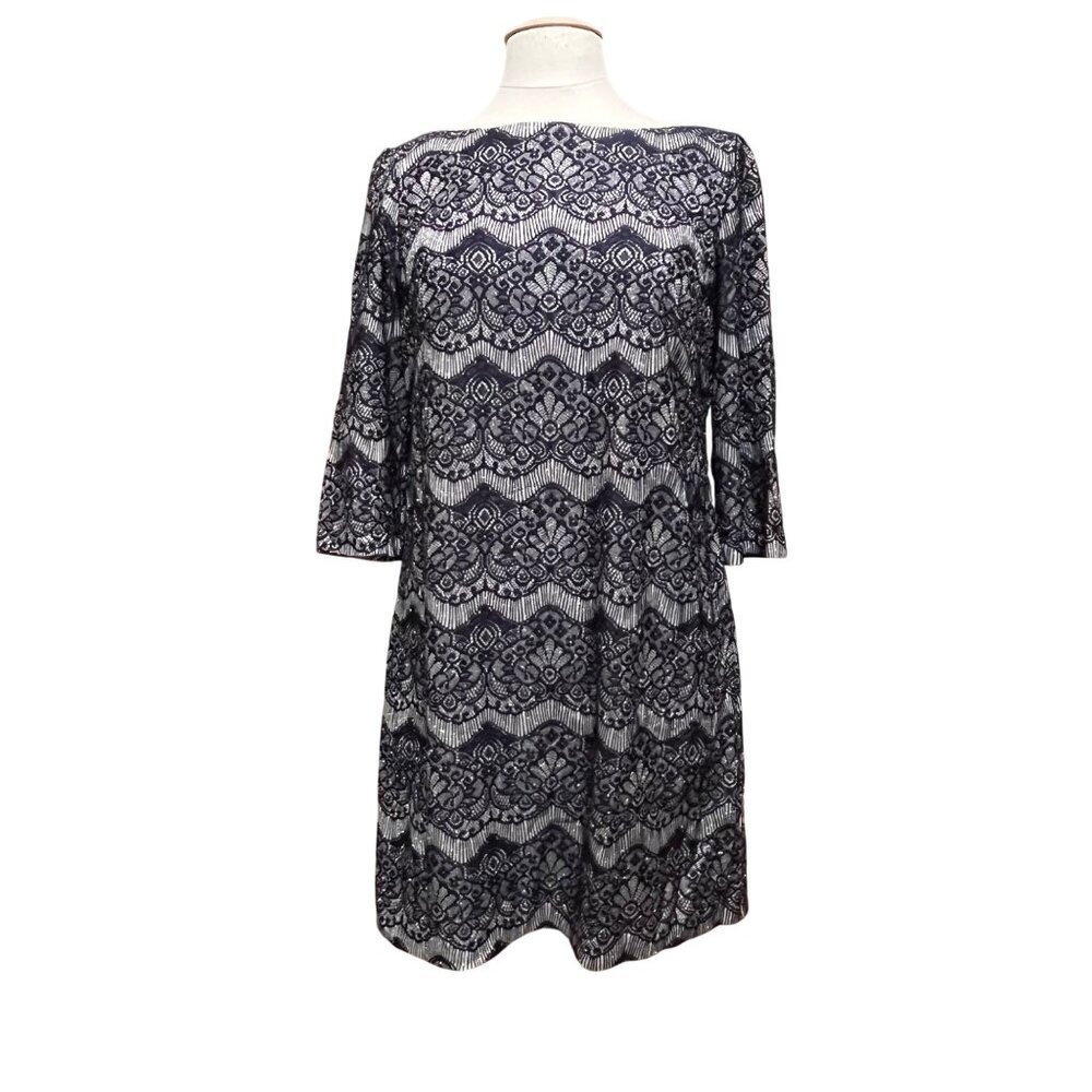 Jessica Howard Womens Navy & Silver Lace Print Dress 14P 3/4 Sleeves Knee Length